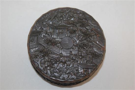 A Chinese export tortoiseshell circular snuff box, 19th century, 9.7cm, restorations